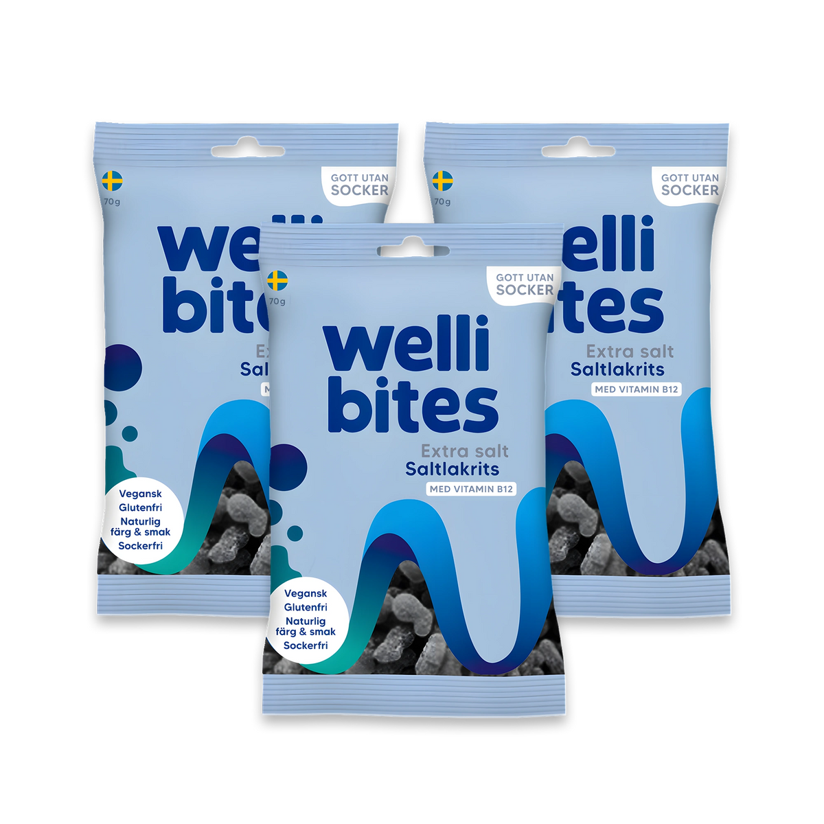 3 x Wellibites Candy 70 g Extra salt saltlakrits i ljusblå påsar med mörkblå detaljer för sockerfritt veganskt godis., bild 1 av 1