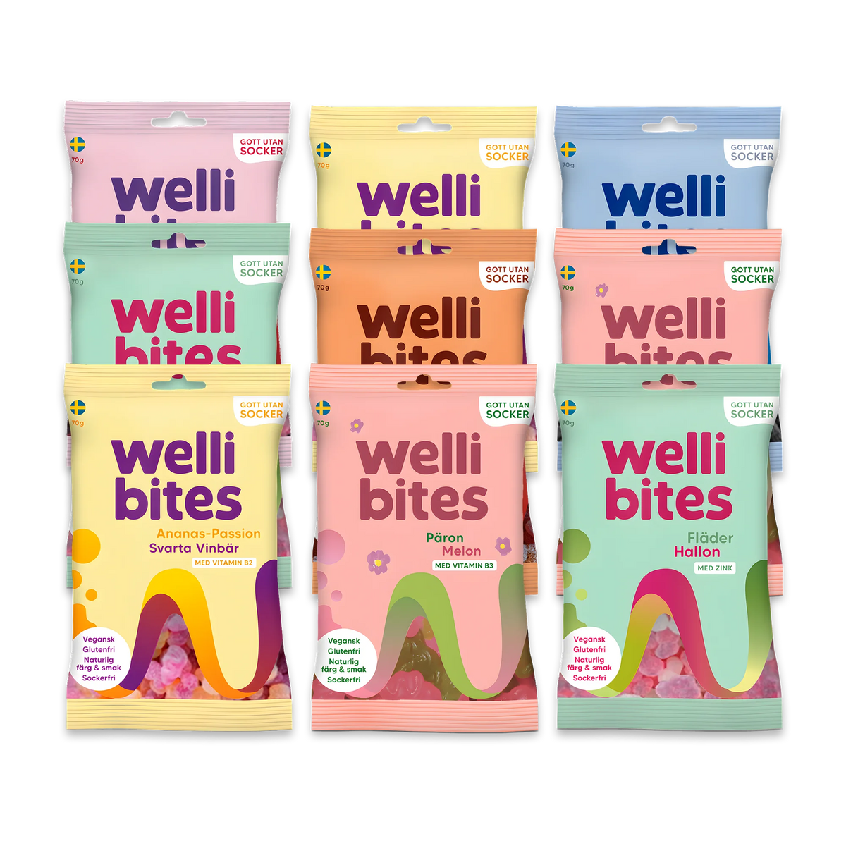 9 x Wellibites Candy 70 g i färgglada godispåsar för olika smaker som Jordgubb Cola och Extra Saltlakrits.