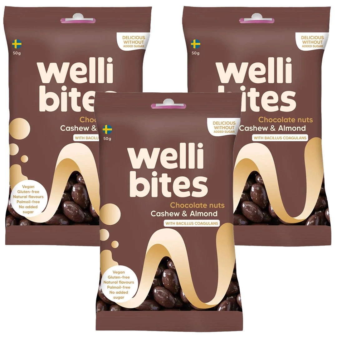 3 x Wellibites Candy 50 g Chocolate Nuts Cashew &amp; Almond i tre bruna påsar med veganskt godis., bild 1 av 1