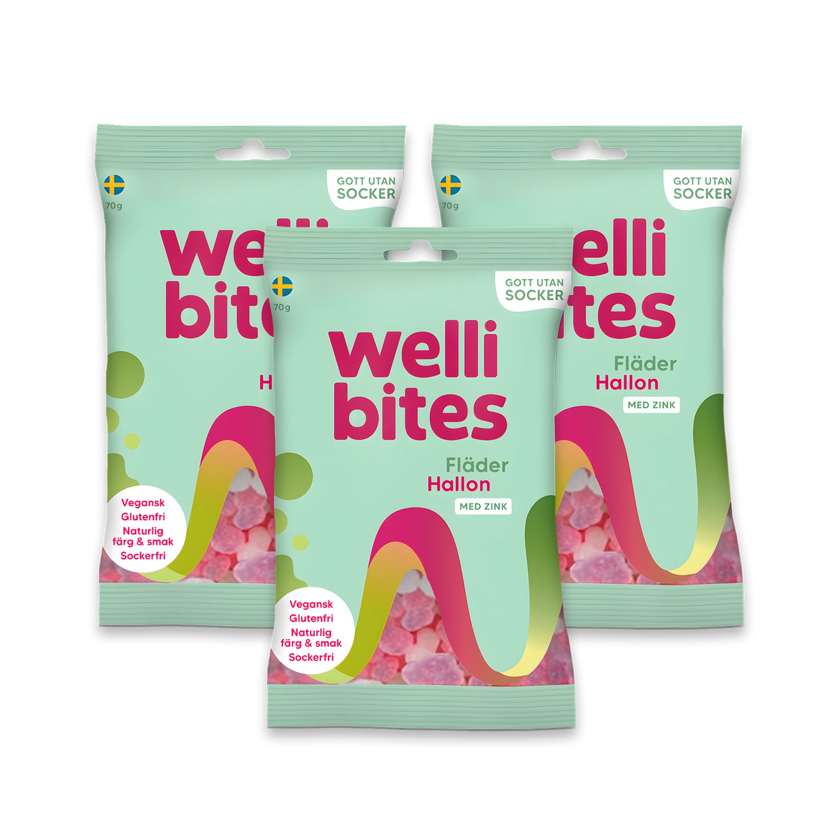 3 x Wellibites Candy 70 g i gröna påsar med färgglada detaljer för smaken Fläder & Hallon.