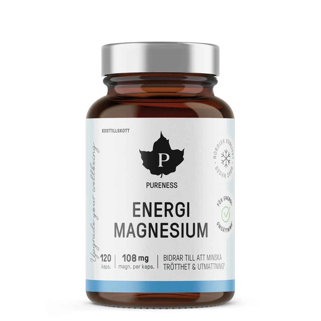 Pureness Energimagnesium 120 caps i en mörk glasburk med vit etikett och silvrigt lock för ökad energiomsättning., bild 1 av 1