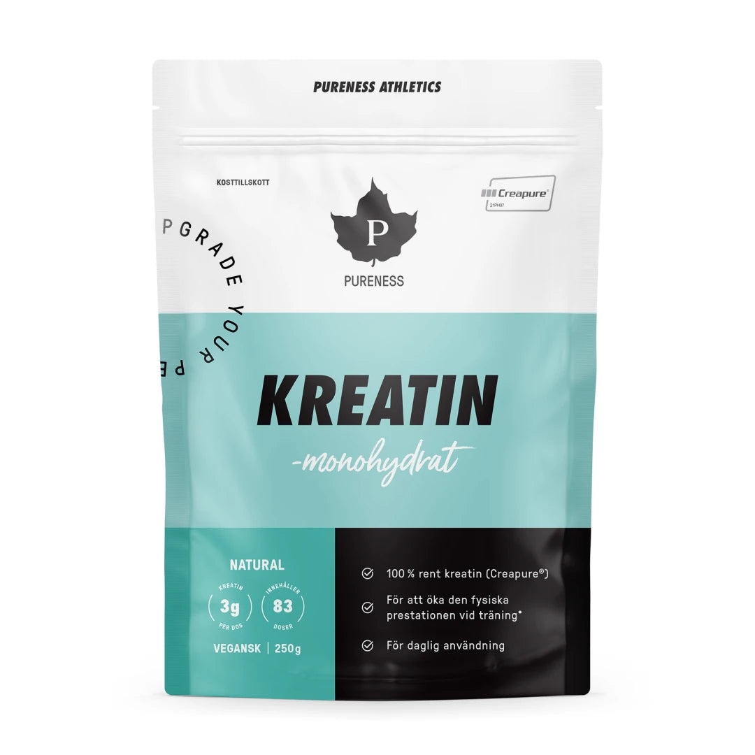 Pureness Kreatin Creapure 250 g i en vit och ljusblå påse med mörkblå detaljer., bild 1 av 1