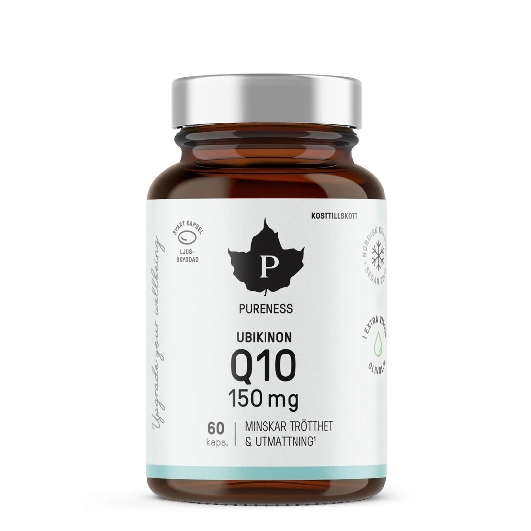 Pureness Q10 Ubikinon 150 mg 60 caps kosttillskott i en brun glasburk med vit etikett och silverfärgat lock., bild 1 av 1