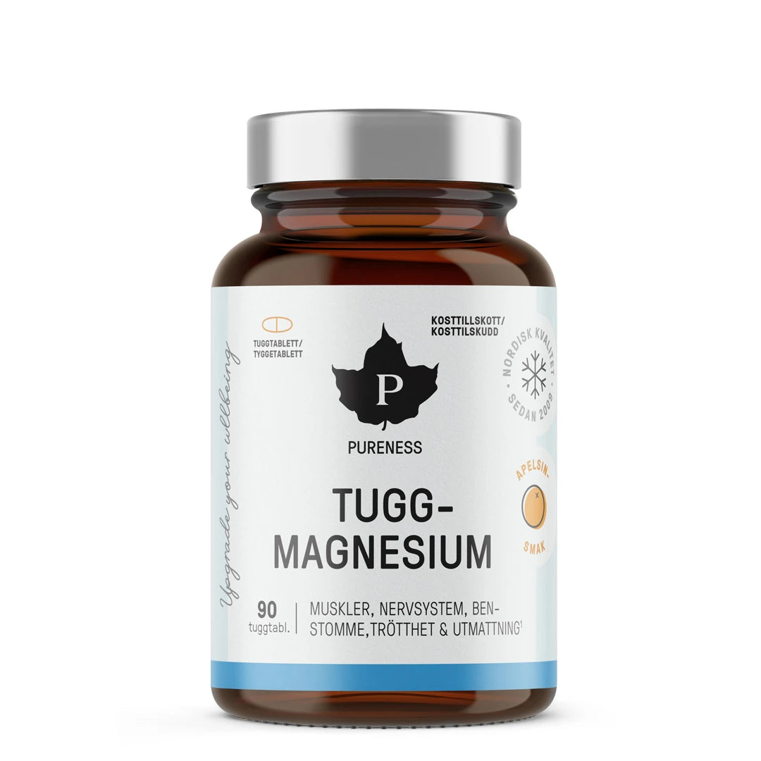 Pureness Tuggmagnesium 90 tabs med smak av apelsin i en mörkbrun burk med vit och ljusblå etikett samt silverfärgat lock., bild 1 av 1