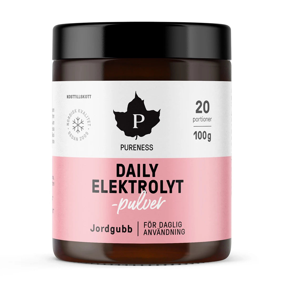 Pureness Daily Elektrolytpulver 100 g i en brun burk med svart lock och en vit och rosa etikett för smaken Jordgubb.