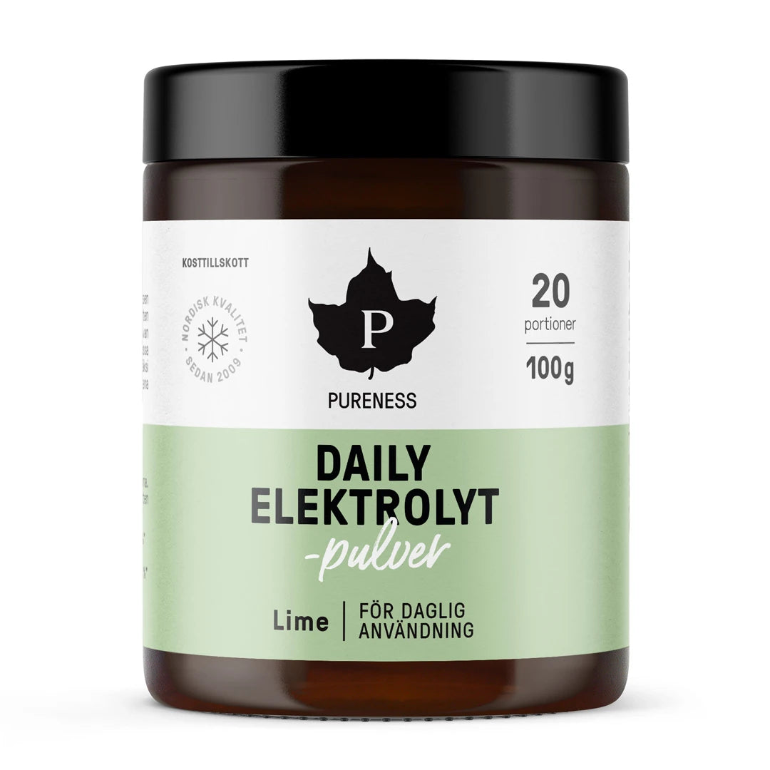 Pureness Daily Elektrolytpulver 100 g i en mörkbrun burk med svart lock och en vit och grön etikett för smaken Lime., bild 1 av 3