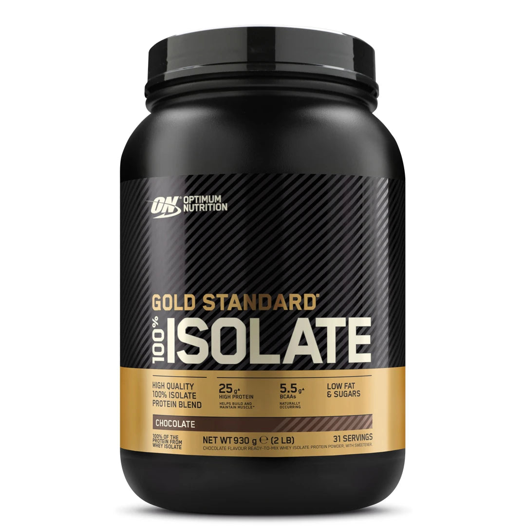 Optimum Nutrition 100% Gold Standard Isolate 930 g proteinpulver i en svart burk med guldiga detaljer för smaken Chocolate.