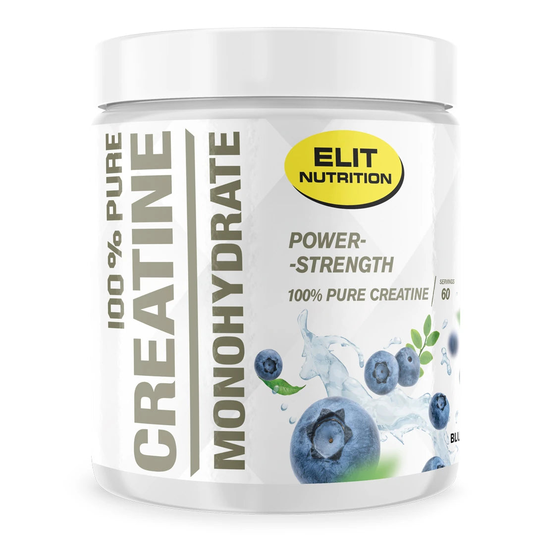 Elit Nutrition 100% Pure Creatine Monohydrate 300 g kreatinpulver i en vit burk med blåbär som indikerar smaken Blueberry., bild 6 av 6