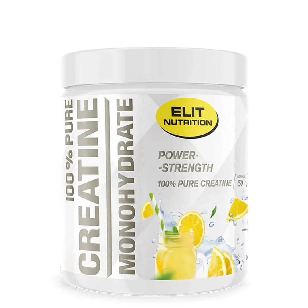 Elit Nutrition 100% Pure Creatine Monohydrate 300 g i en vit burk med citroner som visar smaken Lemonade., bild 4 av 6