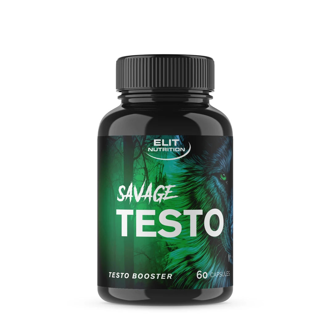 Elit Nutrition Savage TESTO Testosteronhöjare 60 caps i en svart burk med grön etikett och djurmotiv., bild 1 av 1