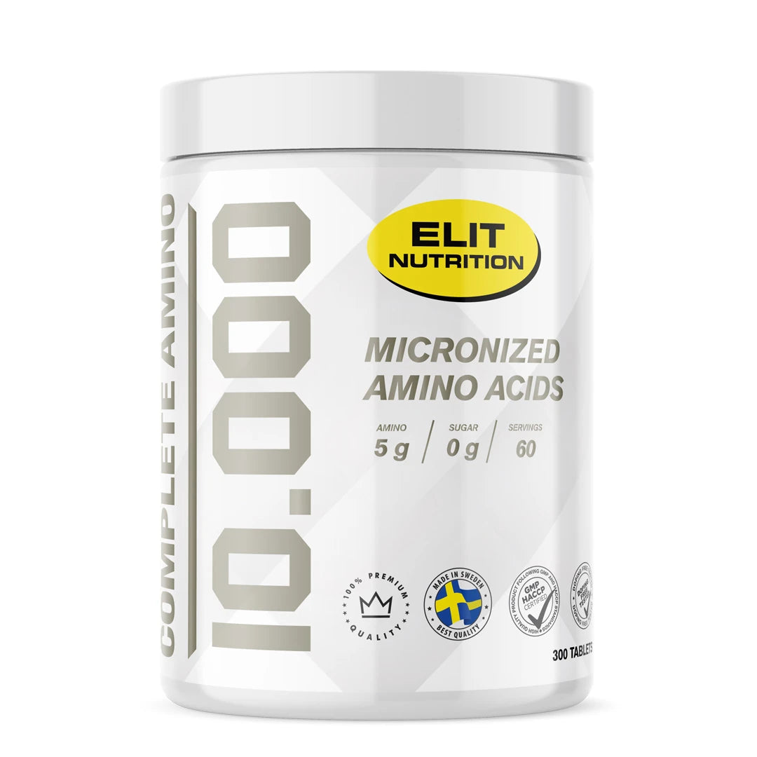 Elit Nutrition Complete Amino 10.000 300 tabs i en vit burk med silvriga och gula detaljer., bild 1 av 1