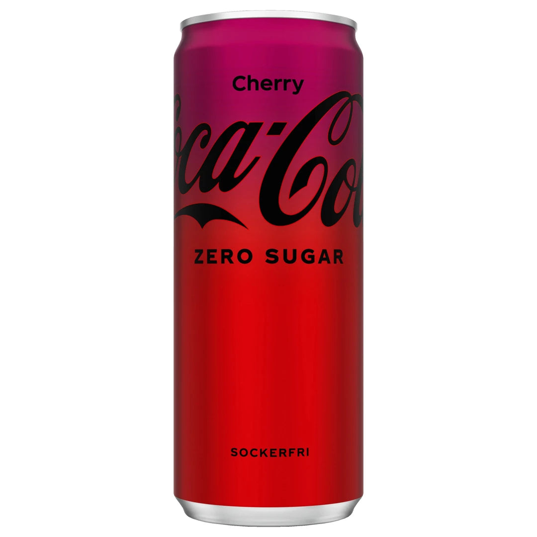 Coca-Cola Zero 330 ml i en röd och mörkrosa burk med Cherry-smak., bild 3 av 4