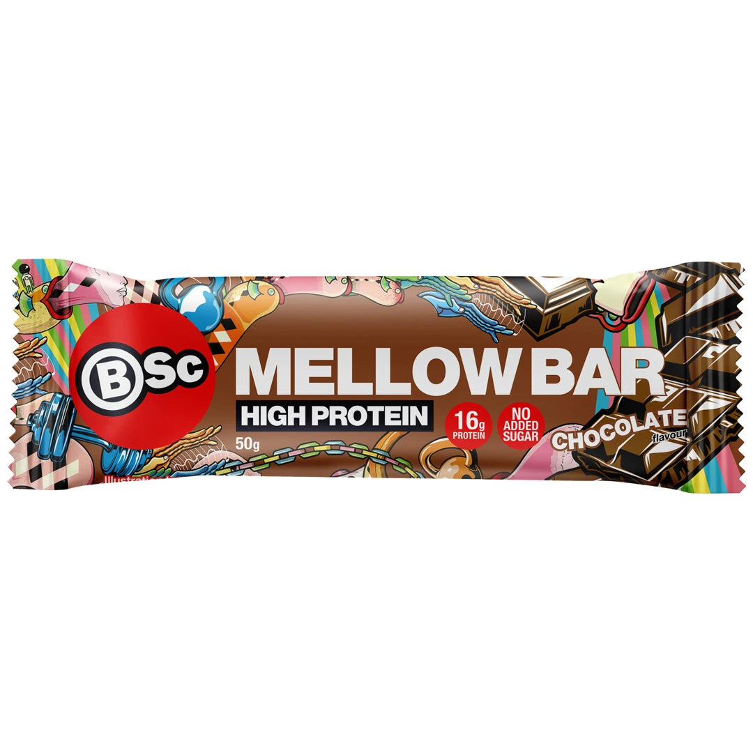 BSc Mellow Bar 50 g proteinbar i en brun förpackning med färgstarka illustrationer för smaken Chocolate., bild 2 av 4