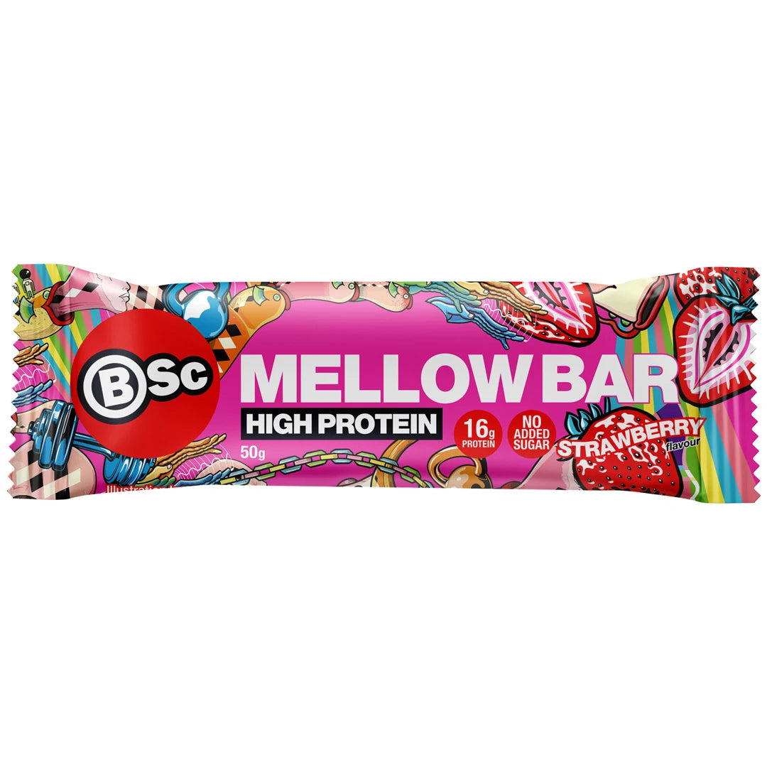 BSc Mellow Bar 50 g proteinbar i en rosa och färgglad förpackning för smaken Strawberry., bild 4 av 4