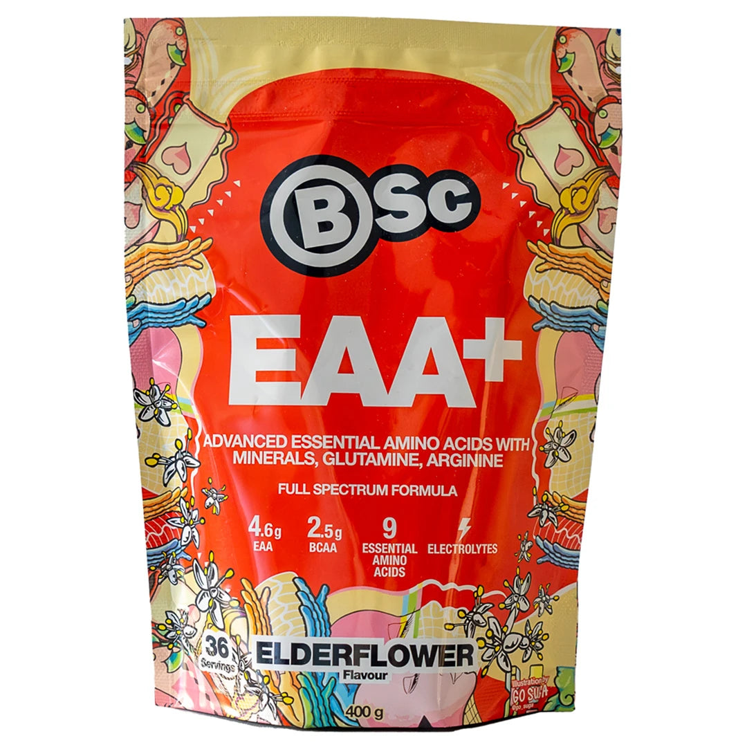 BSc EAA 400 g aminosyror i en röd påse med färgglada illustrationer för smaken Elderflower., bild 2 av 3