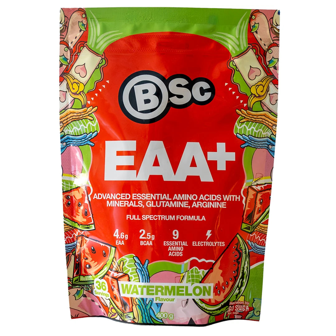 BSc EAA 400 g aminosyror i en röd påse med färgglada illustrationer för smaken Watermelon., bild 1 av 3