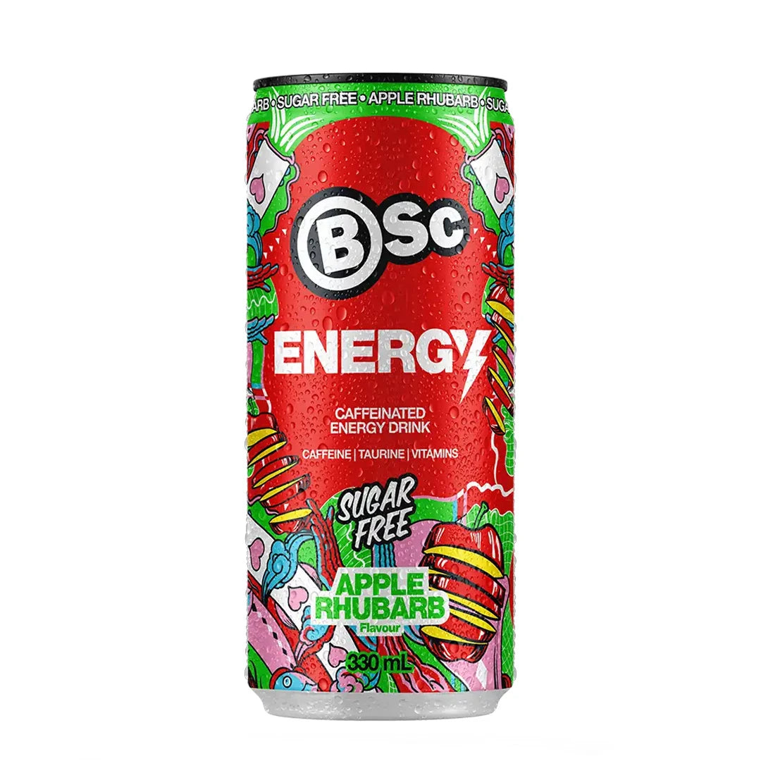 BSc Energy Drink 330 ml energidryck i en färgstark burk för smaken Apple Rhubarb., bild 1 av 2