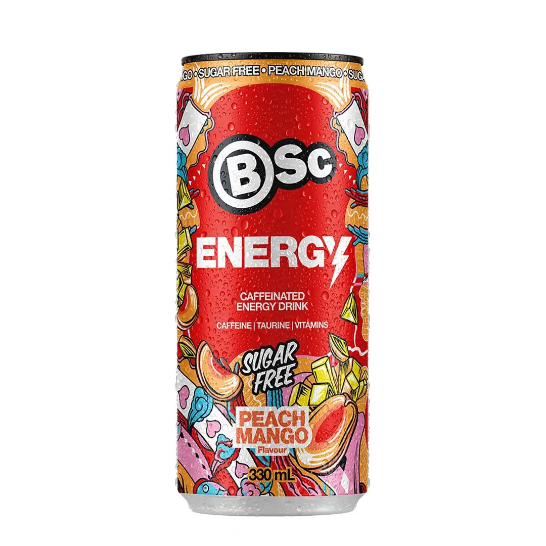 BSc Energy Drink 330 ml i en röd burk med färgglada illustrationer för smaken Peach Mango.