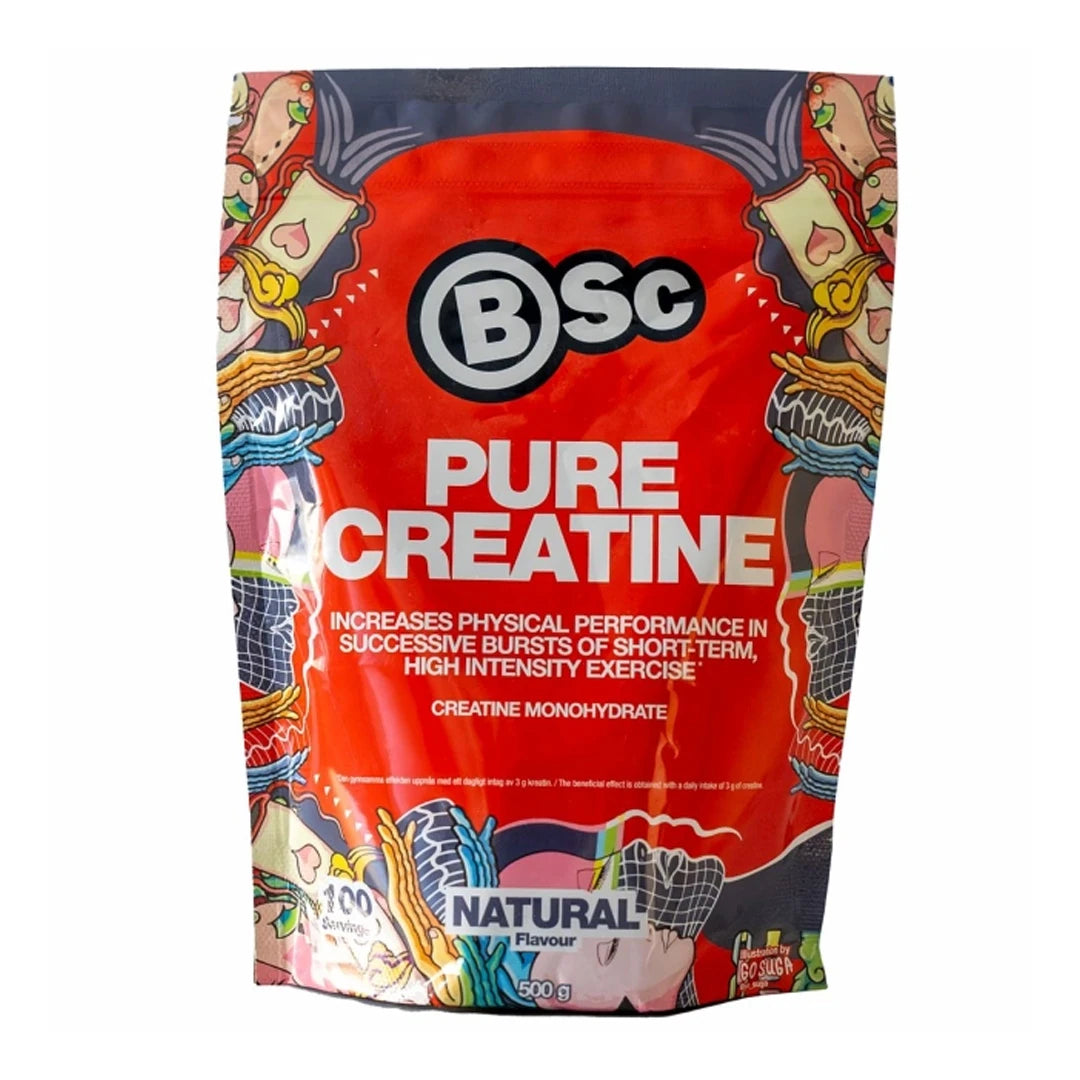 BSc Pure Creatine Kreatin 500 g i pulverform, förpackad i en röd påse med färgglada illustrationer och naturell smak., bild 1 av 1