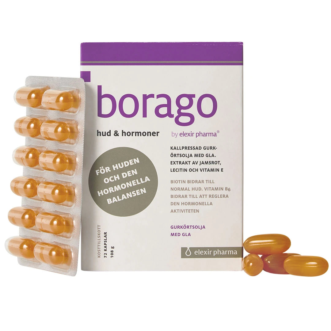 Elexir Pharma Borago 72 caps i en vit ask med lila text, bredvid en blisterkarta och lösa orangea kapslar., bild 1 av 1