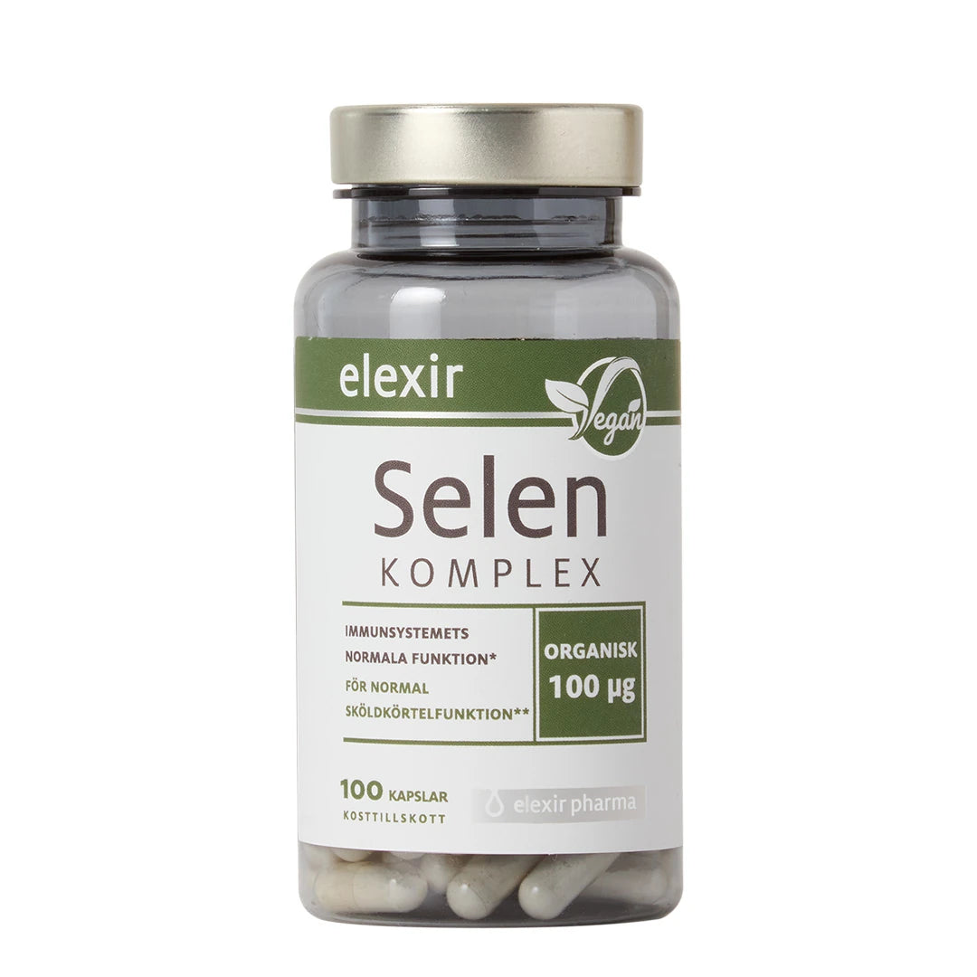 Elexir Pharma Selen Komplex 100 caps i en genomskinlig plastburk med silverlock och grönvit etikett., bild 1 av 1