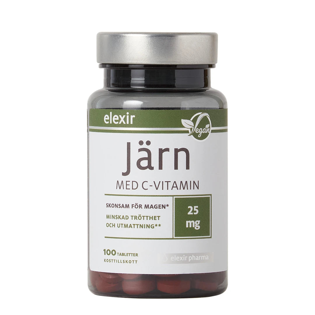 Elexir Pharma Järn med C-vitamin 100 tabs kosttillskott i en mörk plastburk med vit etikett, gröna detaljer och silverfärgat lock., bild 1 av 1