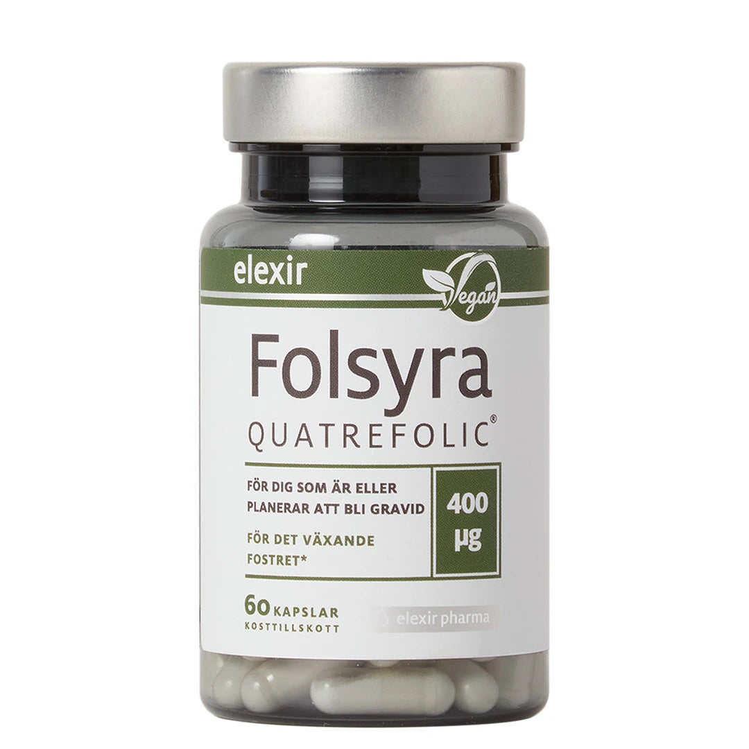 Elexir Pharma Folsyra 60 caps förpackad i en mörk plastburk med silverfärgat lock, vit etikett och gröna detaljer., bild 1 av 1