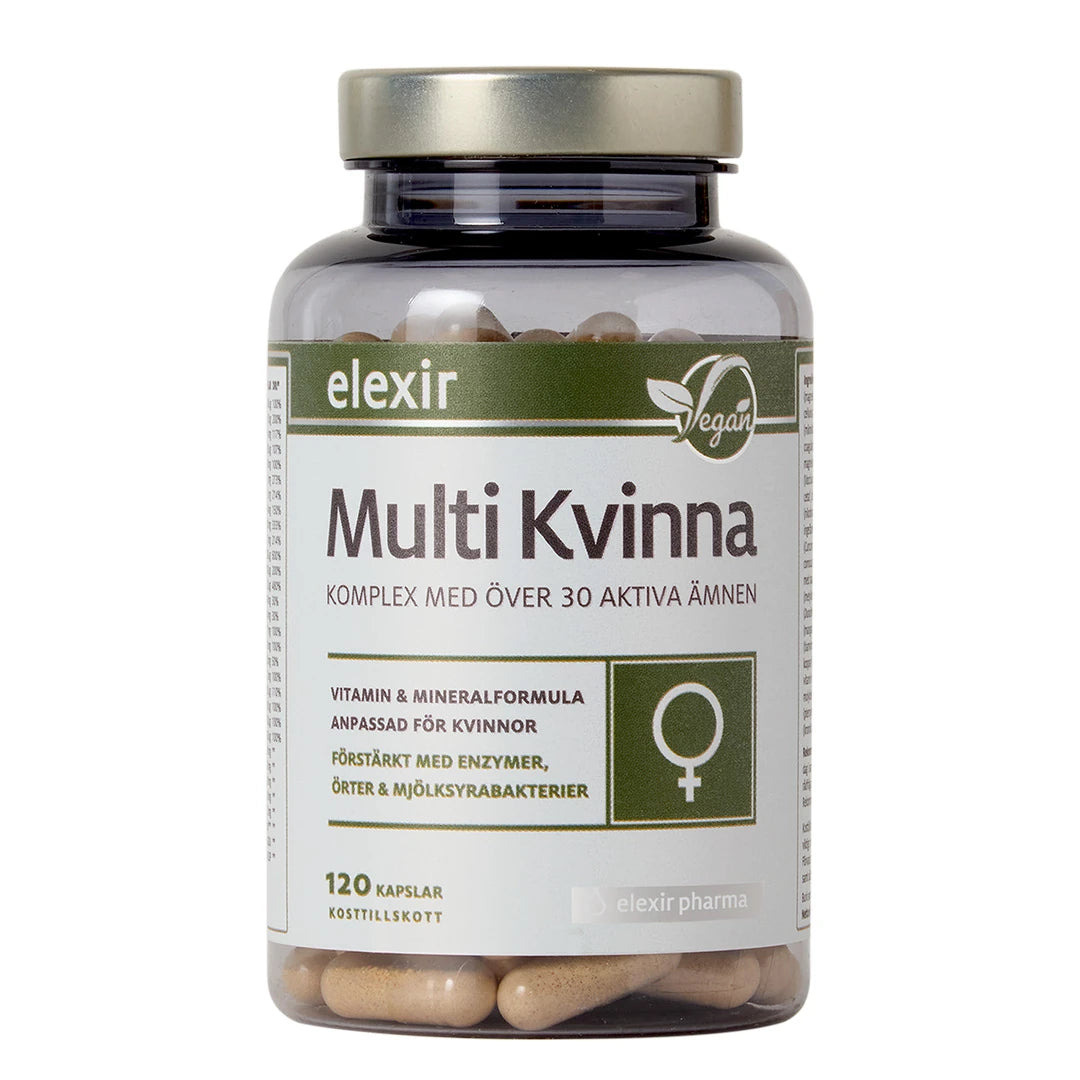 Elexir Pharma Multi Kvinna 120 caps i en transparent burk med metallock och vit etikett med gröna detaljer., bild 1 av 1