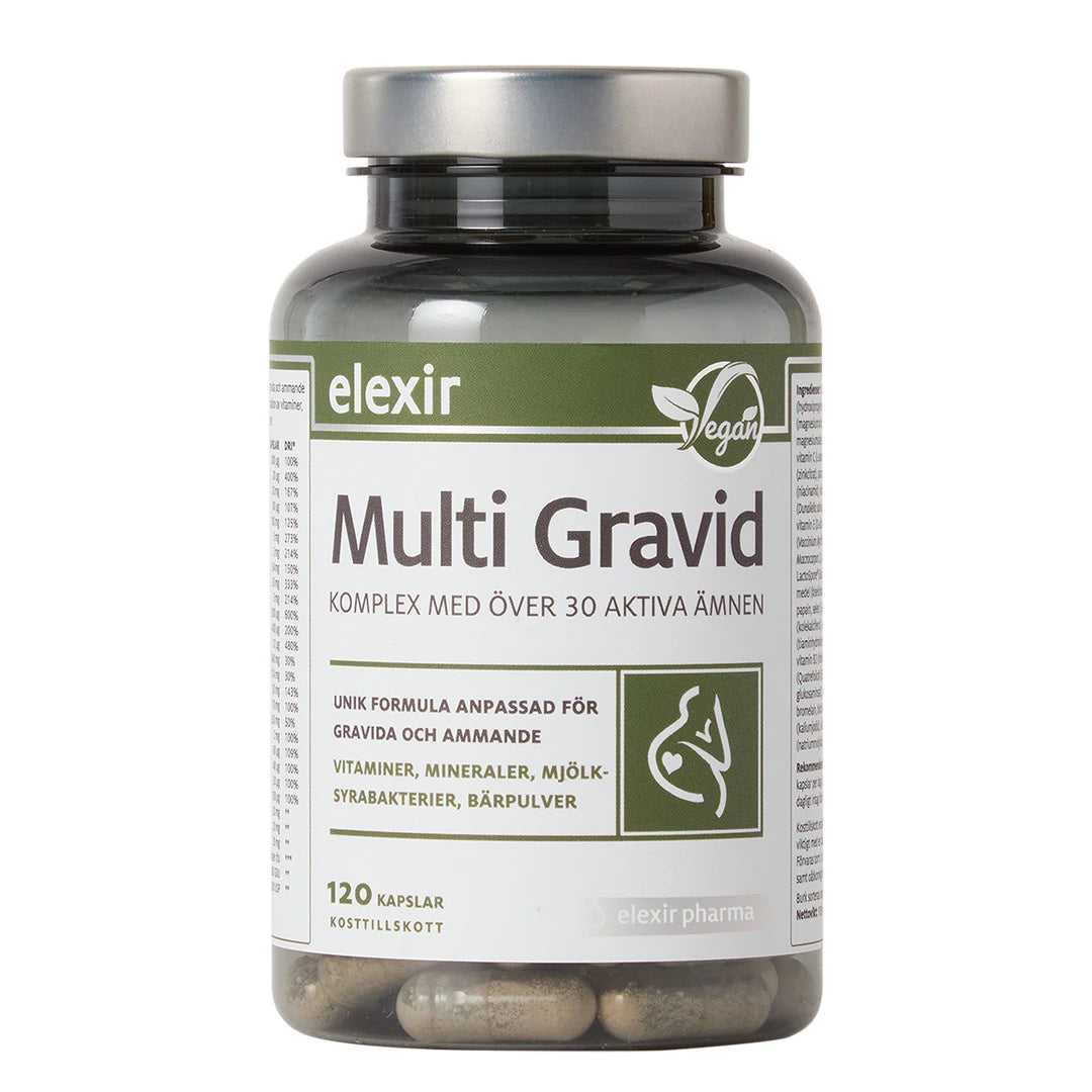 Elexir Pharma Multi Gravid 120 caps multivitamin i en mörk transparent burk med silverlock och grönvit etikett., bild 1 av 1