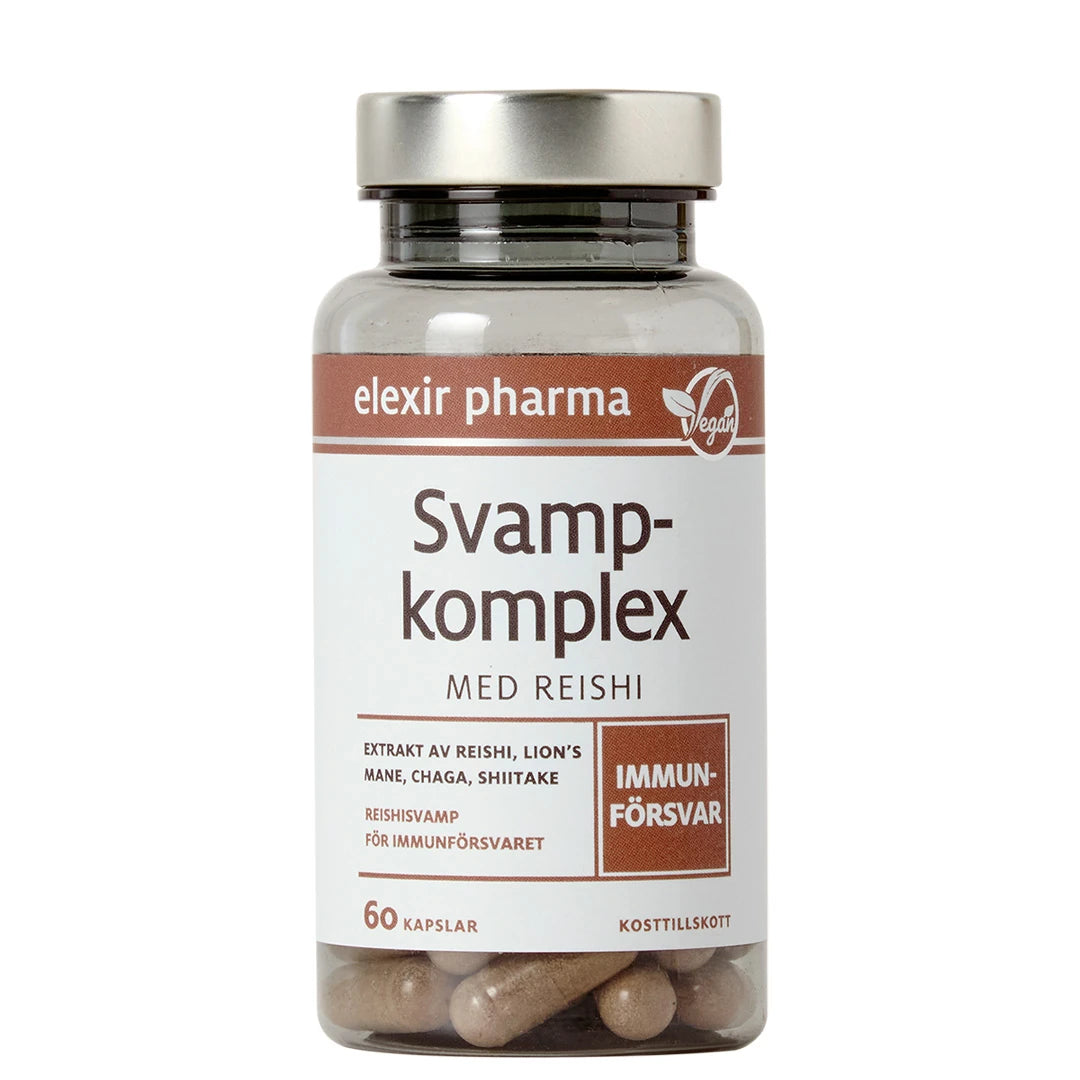 Elexir Pharma Svampkomplex med Reishi 60 caps i en genomskinlig burk med vit etikett och silverfärgat lock., bild 1 av 1