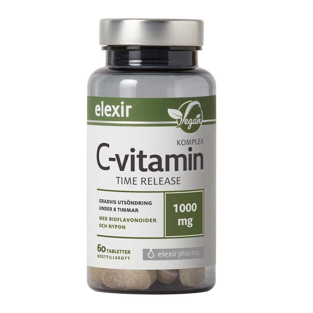 Elexir Pharma C-Vitamin Komplex Time Release 60 tabs i en transparent burk med vit etikett och silverlock., bild 1 av 1