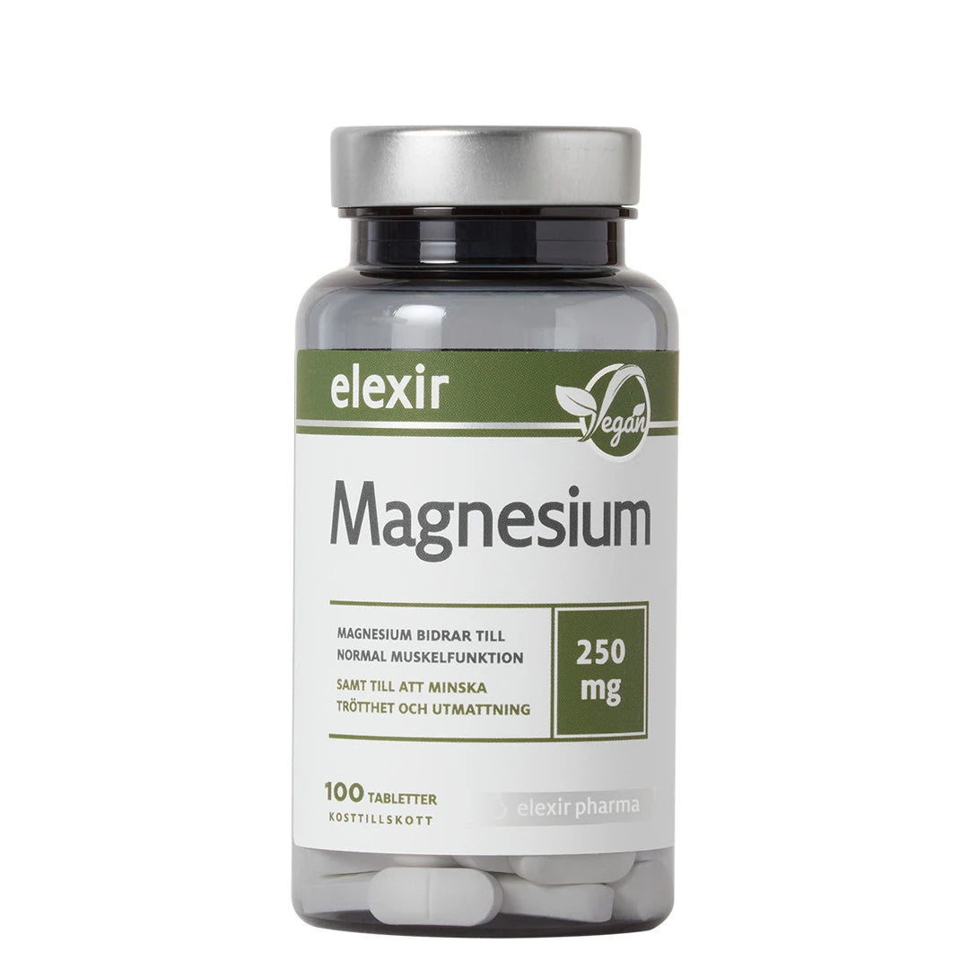Elexir Pharma Magnesium 250 mg 100 tabs förpackad i en mörk plastburk med silverlock och vit-grön etikett.