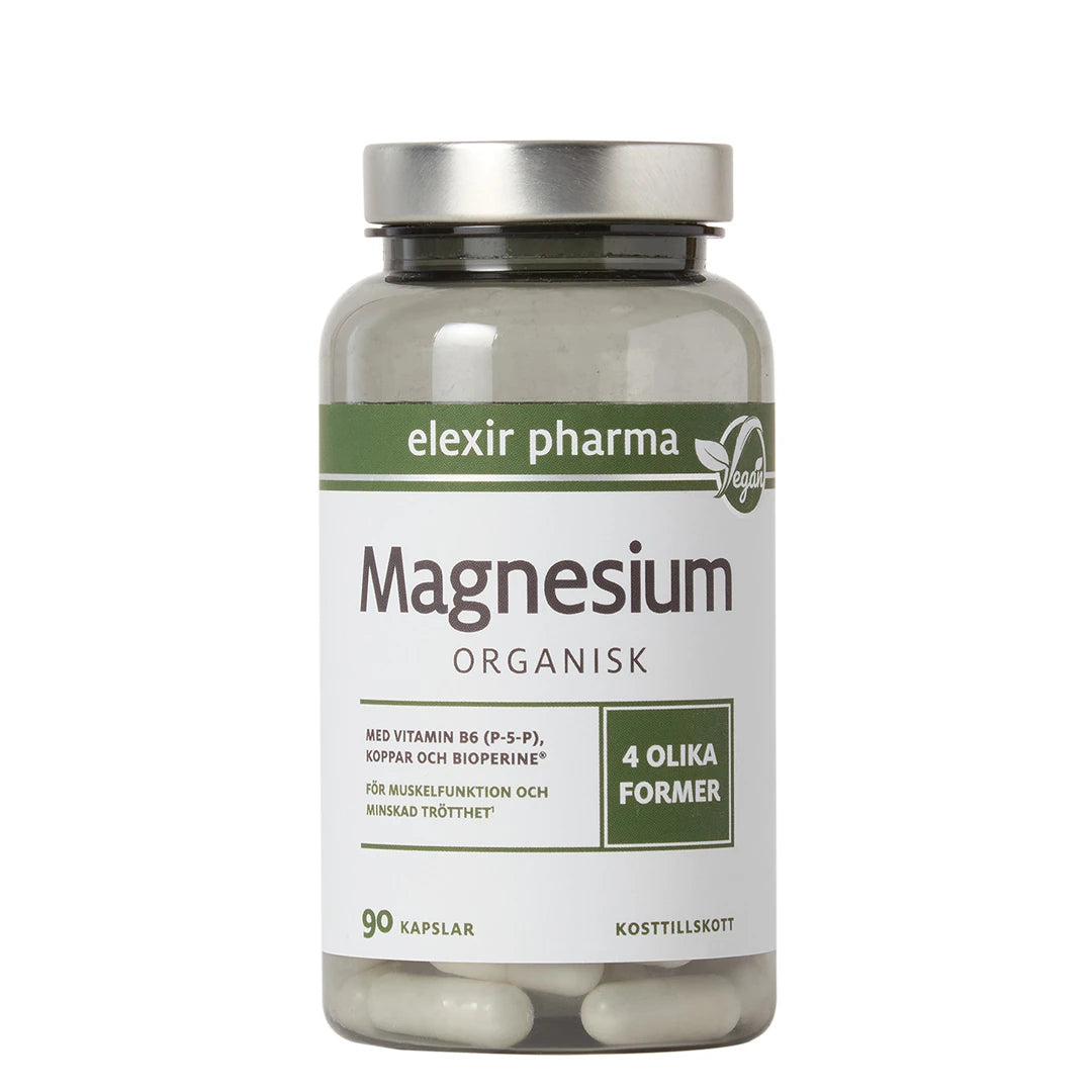 Elexir Pharma Magnesium Organisk 90 caps i en transparent burk med silverlock och vit etikett med gröna detaljer.