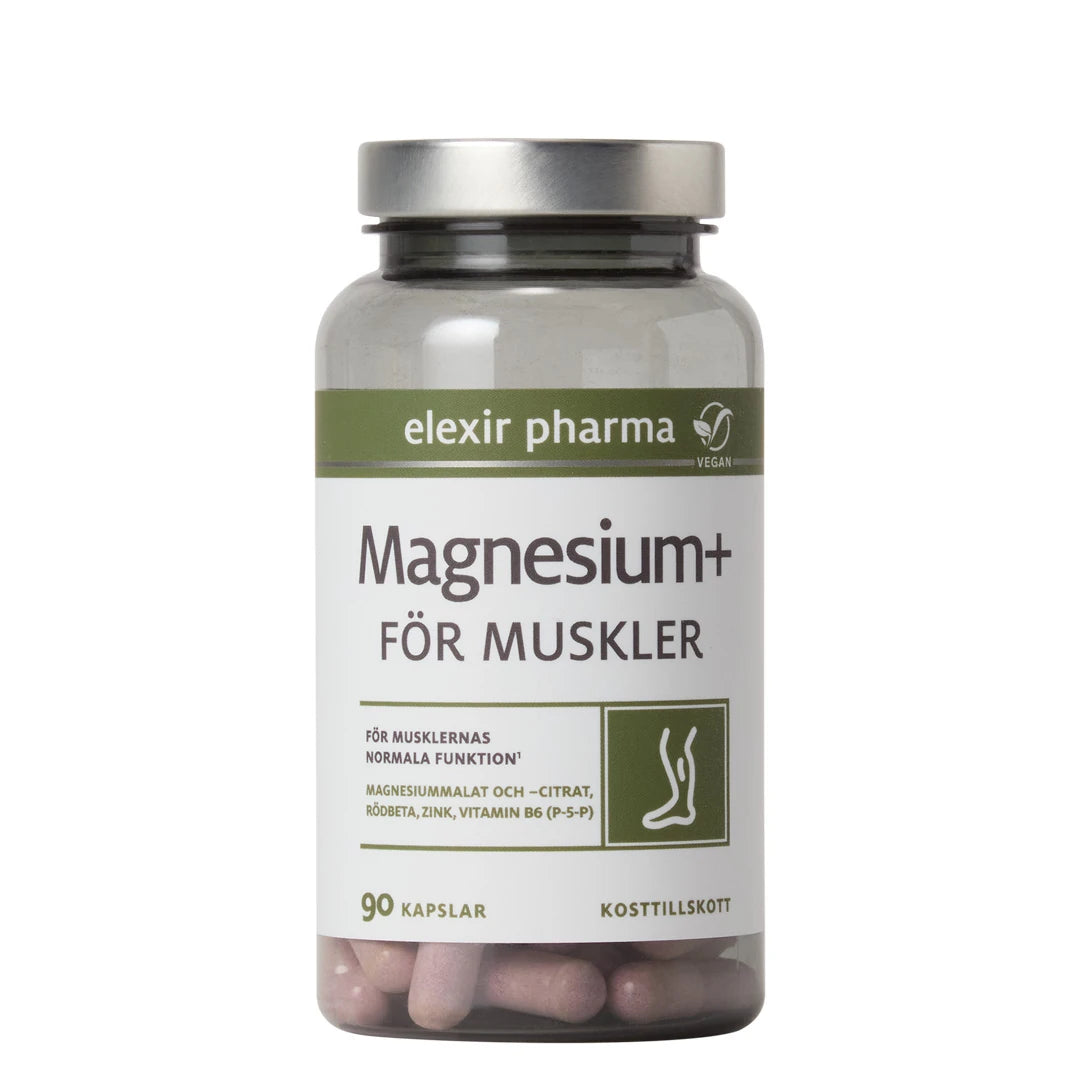 Elexir Pharma Magnesium+ För muskler 90 caps i en transparent plastburk med silverlock och vit etikett med gröna detaljer., bild 1 av 1