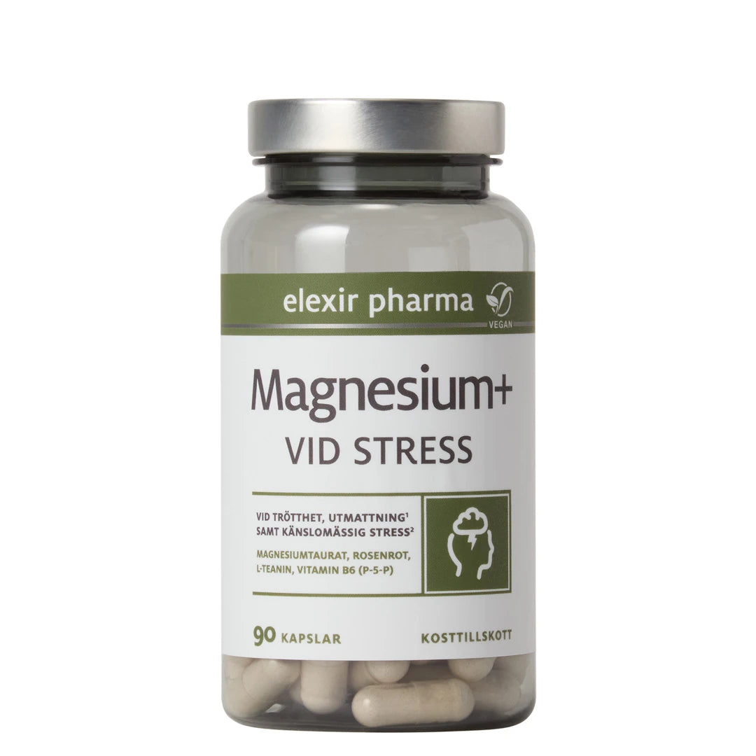 Elexir Pharma Magnesium+ Vid stress 90 caps i en transparent burk med grön och vit etikett och silvrigt lock.