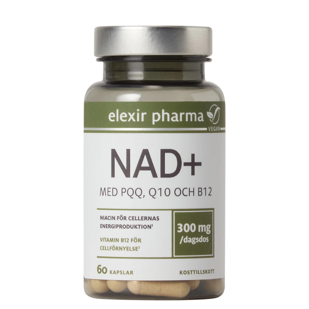 Elexir Pharma NAD+ 60 caps i en transparent burk med silverlock, vit etikett och gröna detaljer., bild 1 av 1