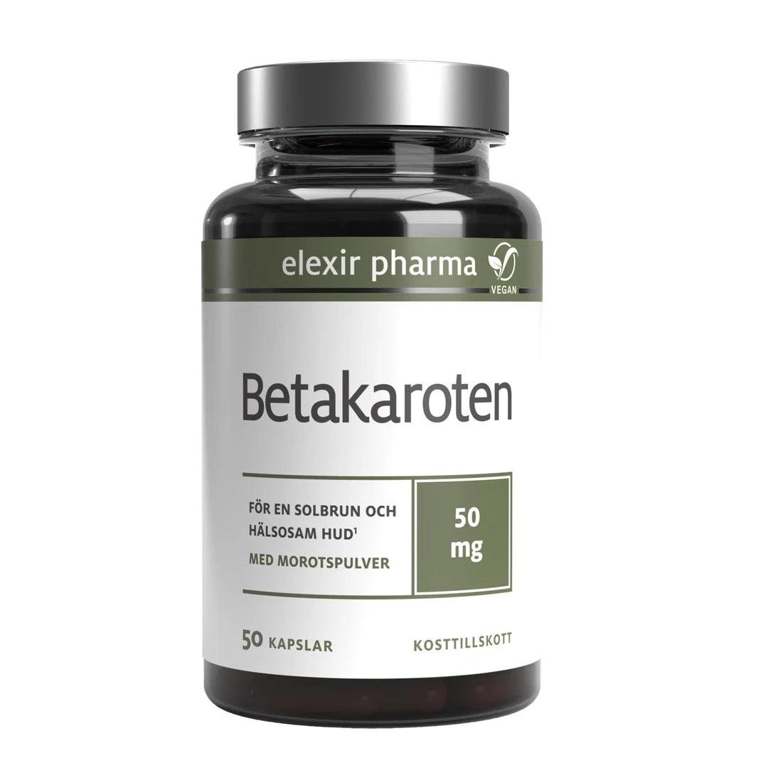 Elexir Pharma Betakaroten 50 mg 50 caps kosttillskott i en mörk burk med silvrigt lock och vit etikett med gröna detaljer., bild 1 av 1