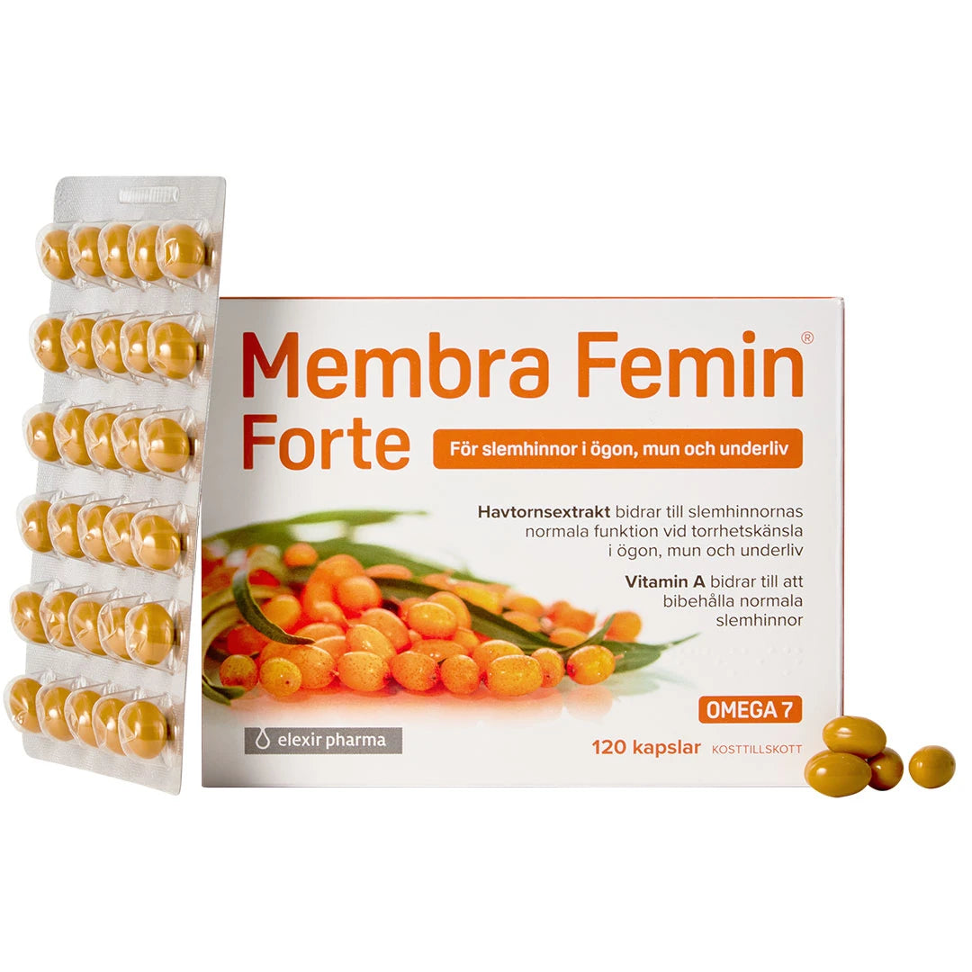 Elexir Pharma Membra Femin Forte 120 caps kosttillskott för slemhinnor i en vit ask med orange detaljer och blisterkartor., bild 1 av 1