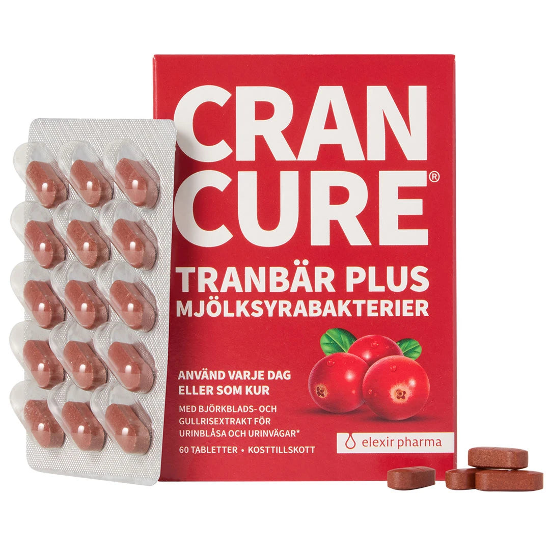 Elexir Pharma Cran Cure 60 tabs, kosttillskott för urinvägarna i en röd ask tillsammans med en blisterkarta med bruna tabletter., bild 1 av 1
