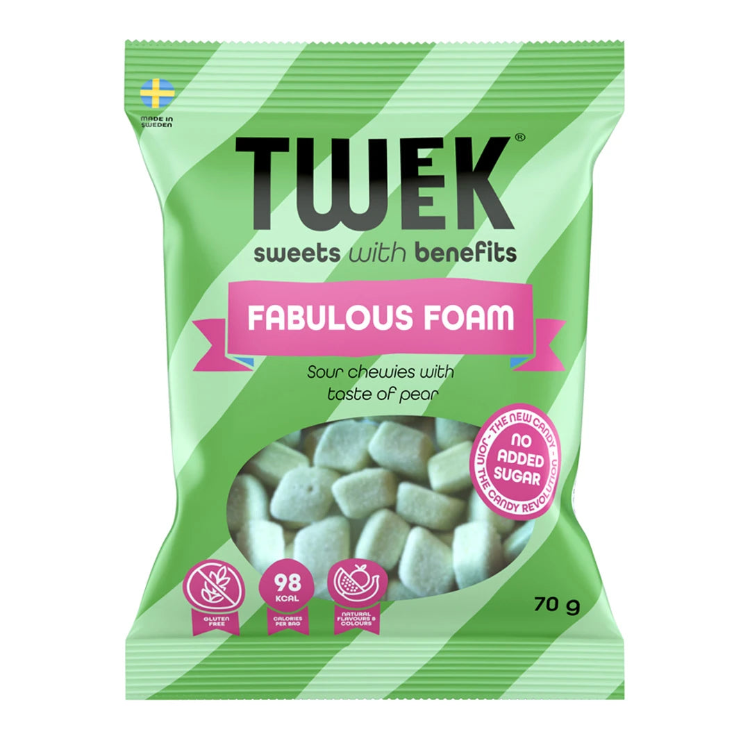 Tweek Sweets 70 g skumgodis i en grönrandig påse med rosa text för smaken Fabulous Foam., bild 1 av 4