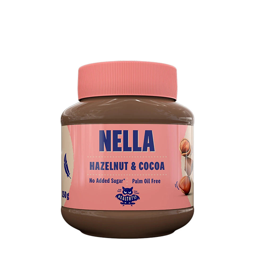 HealthyCo Nella 350 g choklad- och hasselnötspread i en burk med rosa lock och etikett, märkt utan tillsatt socker och palmolja., bild 1 av 1