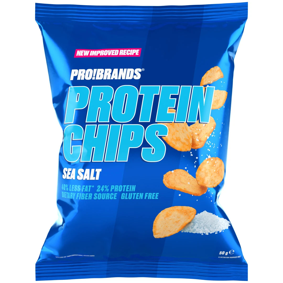 Pro Brands Protein Chips 50 g, proteinberikade chips i en blå påse med smaken Sea Salt., bild 1 av 1