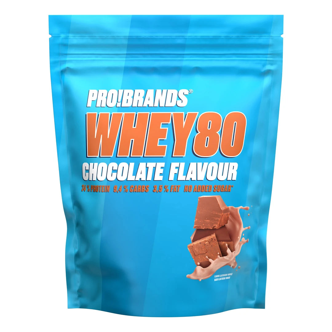 Pro Brands Whey Powder 500 g proteinpulver i en ljusblå påse med orange text för smaken Chocolate., bild 1 av 1