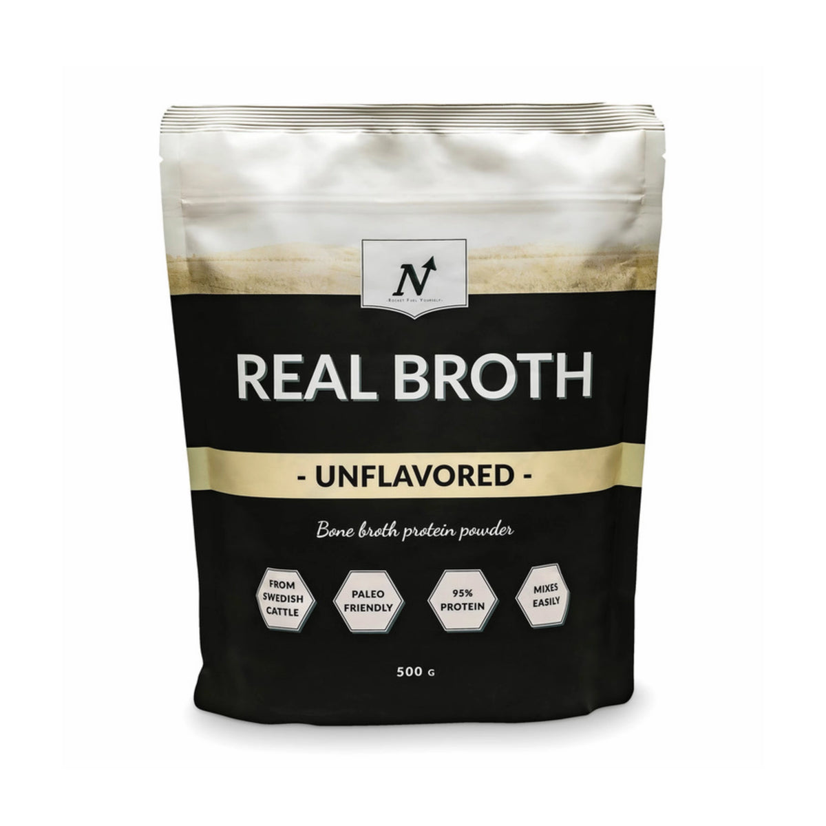 Nyttoteket Real Broth 500 g benbuljongspulver i en svart och vit påse för smaken Unflavoured.
