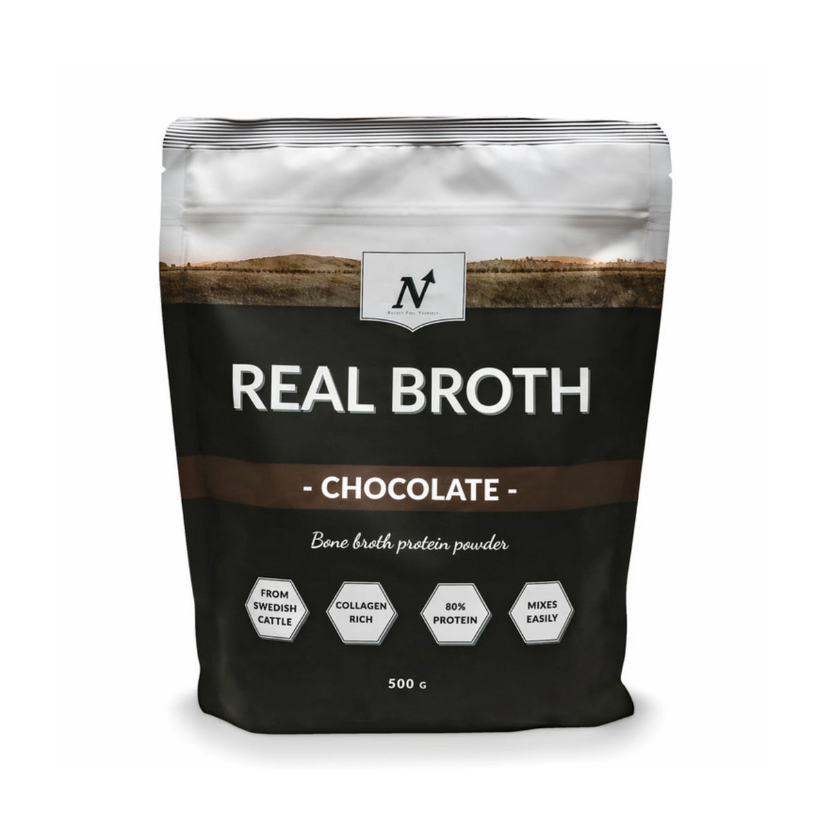 Nyttoteket Real Broth 500 g benbuljongspulver i en svart och vit påse med bruna detaljer för smaken Chocolate., bild 2 av 2