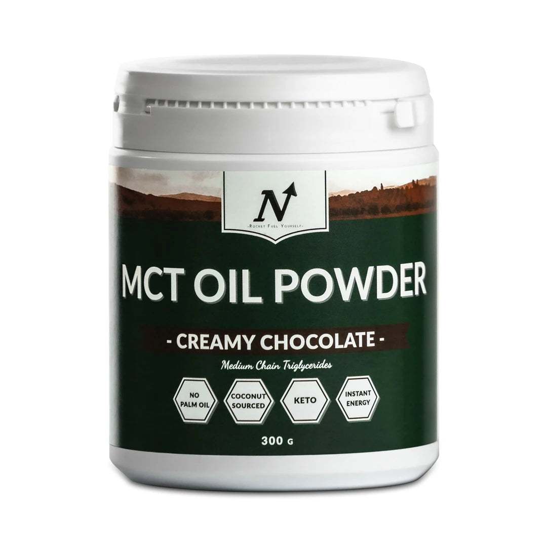 Nyttoteket MCT Oil Powder 300 g, vit burk med mörkgrön etikett och text för smaken Creamy Chocolate., bild 1 av 1