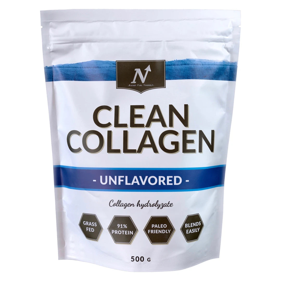 Nyttoteket Clean Collagen 500 g kollagenpulver förpackad i en vit påse med blå detaljer, naturell smak., bild 1 av 1