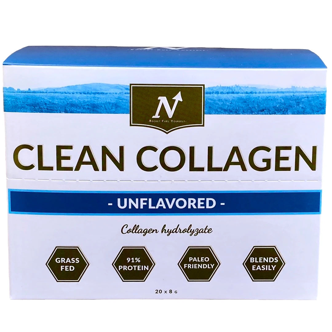 Nyttoteket Clean Collagen - Stickpack 20 x 8 g, naturellt kollagenpulver i en vit ask med blå detaljer., bild 1 av 1