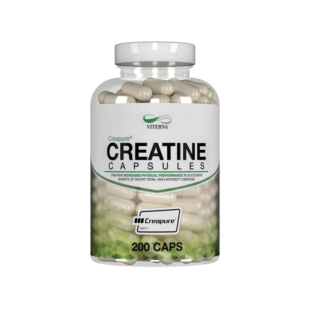 Viterna Creapure® Kreatin 200 caps förpackad i en genomskinlig burk med vit etikett och gröna detaljer., bild 1 av 1