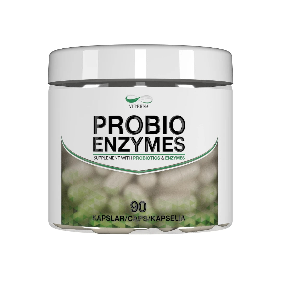 Viterna Probio Enzymes 90 caps förpackad i en vit burk med stilrena gröna detaljer och synliga kapslar på etiketten., bild 1 av 1